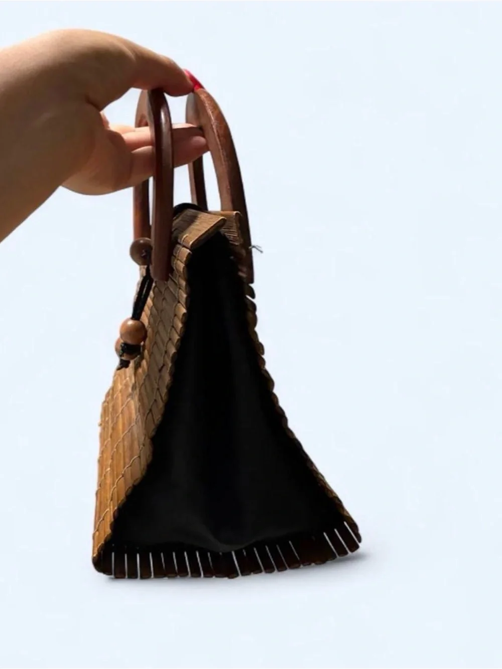 Wooden Bamboo Top-Handle Bag in Brown